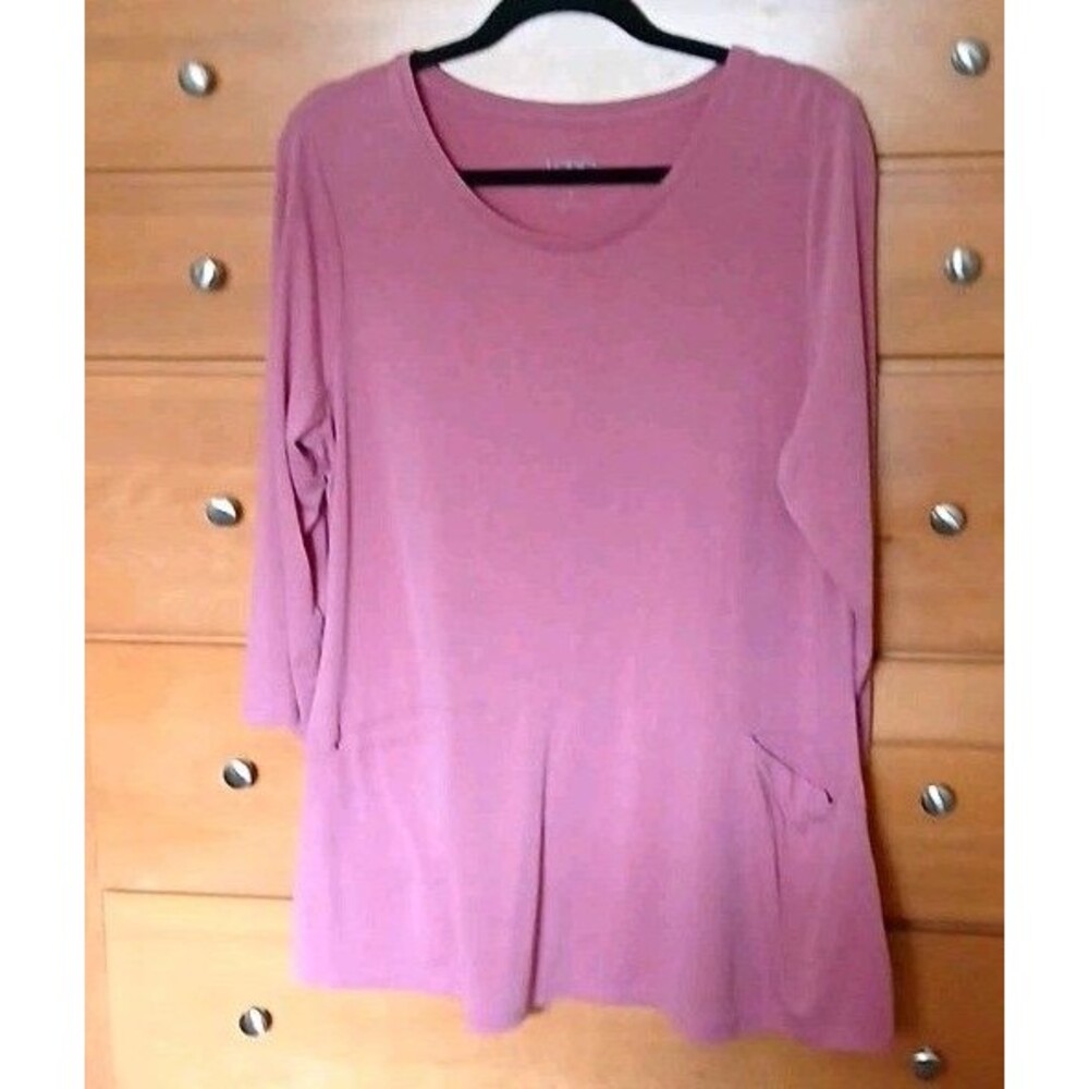 LOGO Womens L Solid Pink Knit Tunic Top Scoop Neck 3/4 Sleeve Pockets A265587